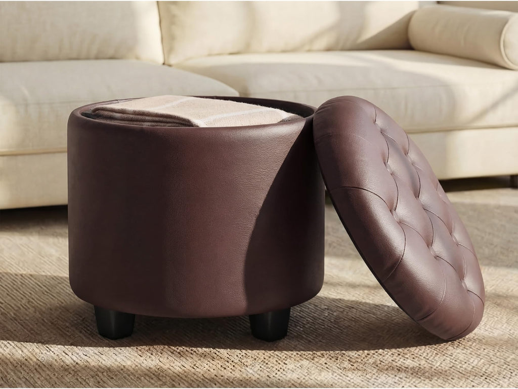 SONGMICS Round Ottoman, Ottoman with Storage, 17.7 x 17.7 x 17.5 Inches, Foot Rest with Legs, Synthetic Leather, Load up to 330 lb, for Living Room, Bedroom, Chestnut Brown ULOM014K01