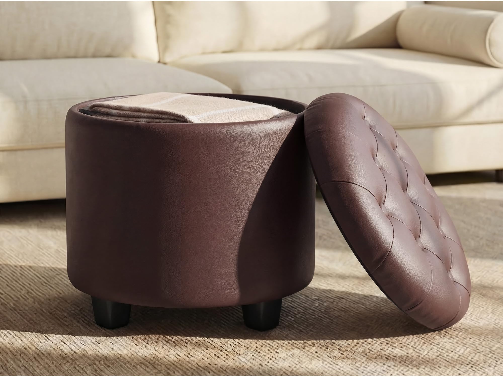 SONGMICS Round Ottoman, Ottoman with Storage, 17.7 x 17.7 x 17.5 Inches, Foot Rest with Legs, Synthetic Leather, Load up to 330 lb, for Living Room, Bedroom, Chestnut Brown ULOM014K01