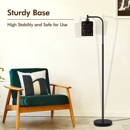 Gothic Industrial Floor Lamp with Starry Laser Cut Shade, 67" Black Metal Standing Lamp with 6W LED Bulb,Foot Switch, Perfect Halloween Spooky Home Decor,Tall Floor Lamp for Bedroom, Living Room,Black