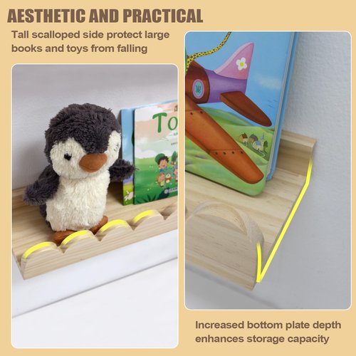 icnjdMopclean Nursery Book Shelves, Floating Shelves for Bedroom Kids, Scalloped Shelves for Wall 2 Pack, Nursery Decor, 16 Inch, Natural
