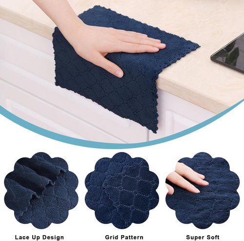Homaxy Kitchen Dish Cloths - Super Soft & Absorbent Coral Velvet | 12 Pack, 10 x 10 Inches, Navy Blue