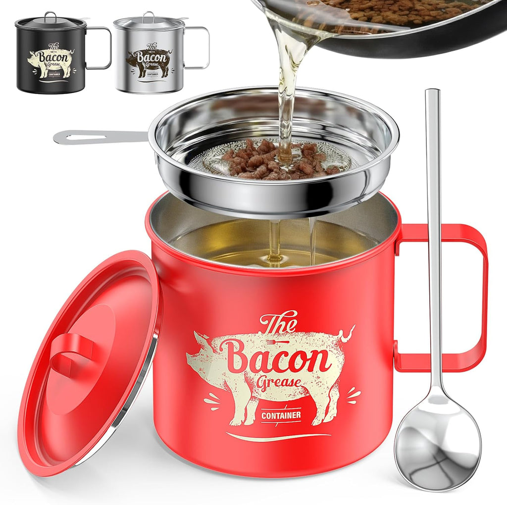 PGYARD Mini Bacon Grease Saver - 20 Oz Stainless Steel Oil Container | Dishwasher Safe Red Bacon Keeper