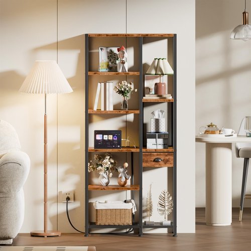 Furologee 6 Tier Bookshelf with USB Ports and Power Outlet, Double Tall Book Shelf with Drawer, Wide FreeStanding Shelf Units, Reversible Storage Rack for Bedroom, Living Room, Bathroom, Rustic Brown