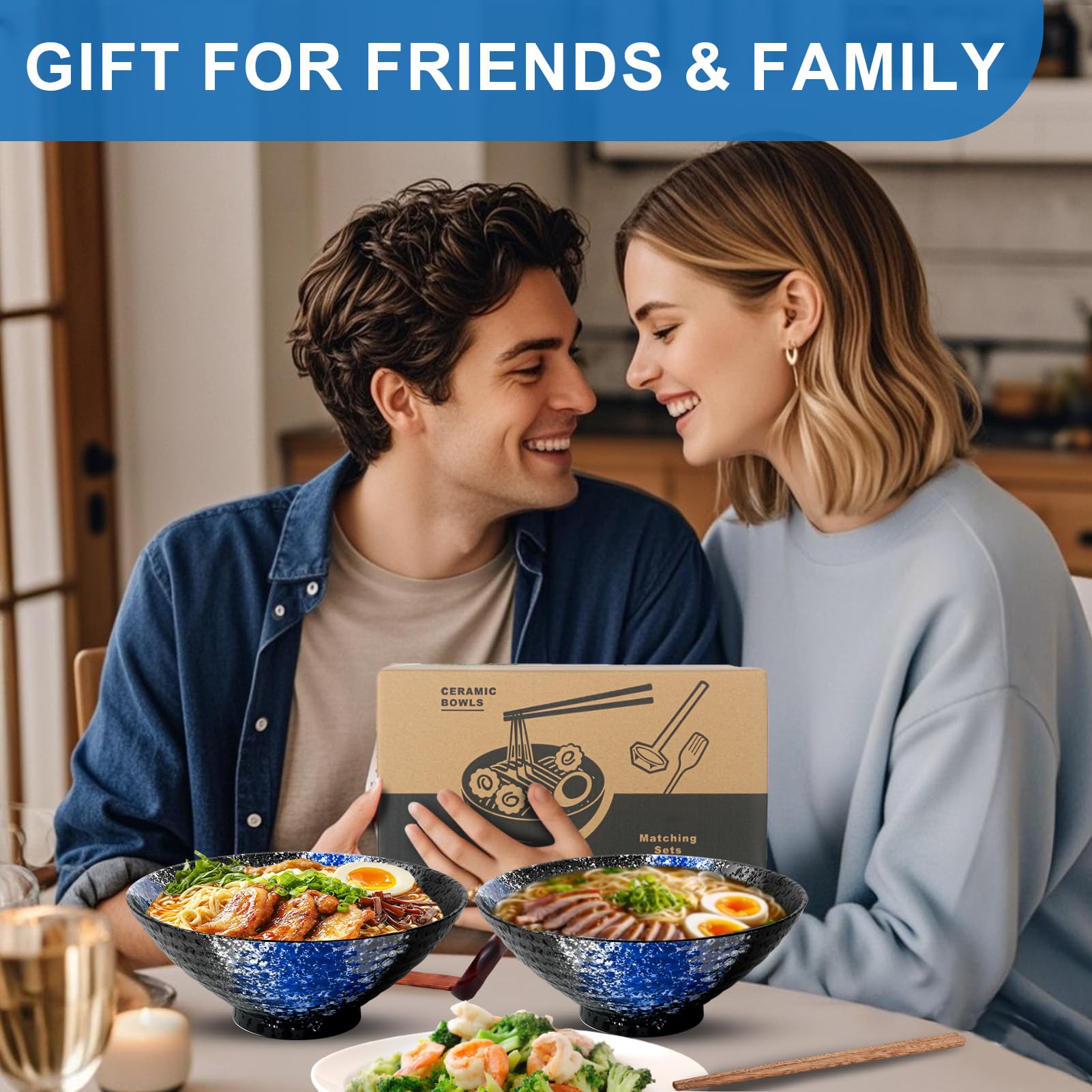 9.4Inch Ceramic Ramen Bowl Set of 2 (9 Piece) - Porcelain Japanese Salad Noodles Cereal Fruit Pasta Soup Large Bowls with Recipes Chopsticks Forks Spoons for Men Women Gift Microwave Dishwasher Safe