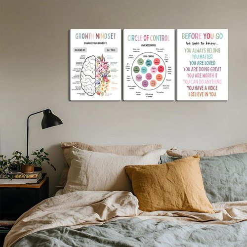 3Pcs Motivational Wall Art by Mental Health | Inspiring Canvas Prints for Therapy Office & Home - 12x16in Framed