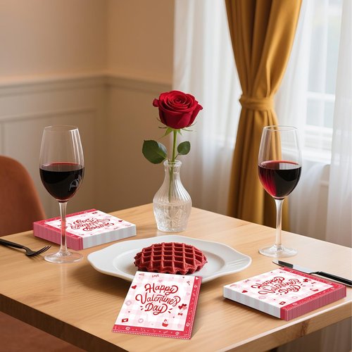 40 Pack Valentine’s Day Paper Napkins – 13 x 13 Inches Disposable Napkins with “Happy Valentine’s Day” Lettering, Hearts, and Love Icons for Valentine’s Parties, Weddings, and Romantic Dinners