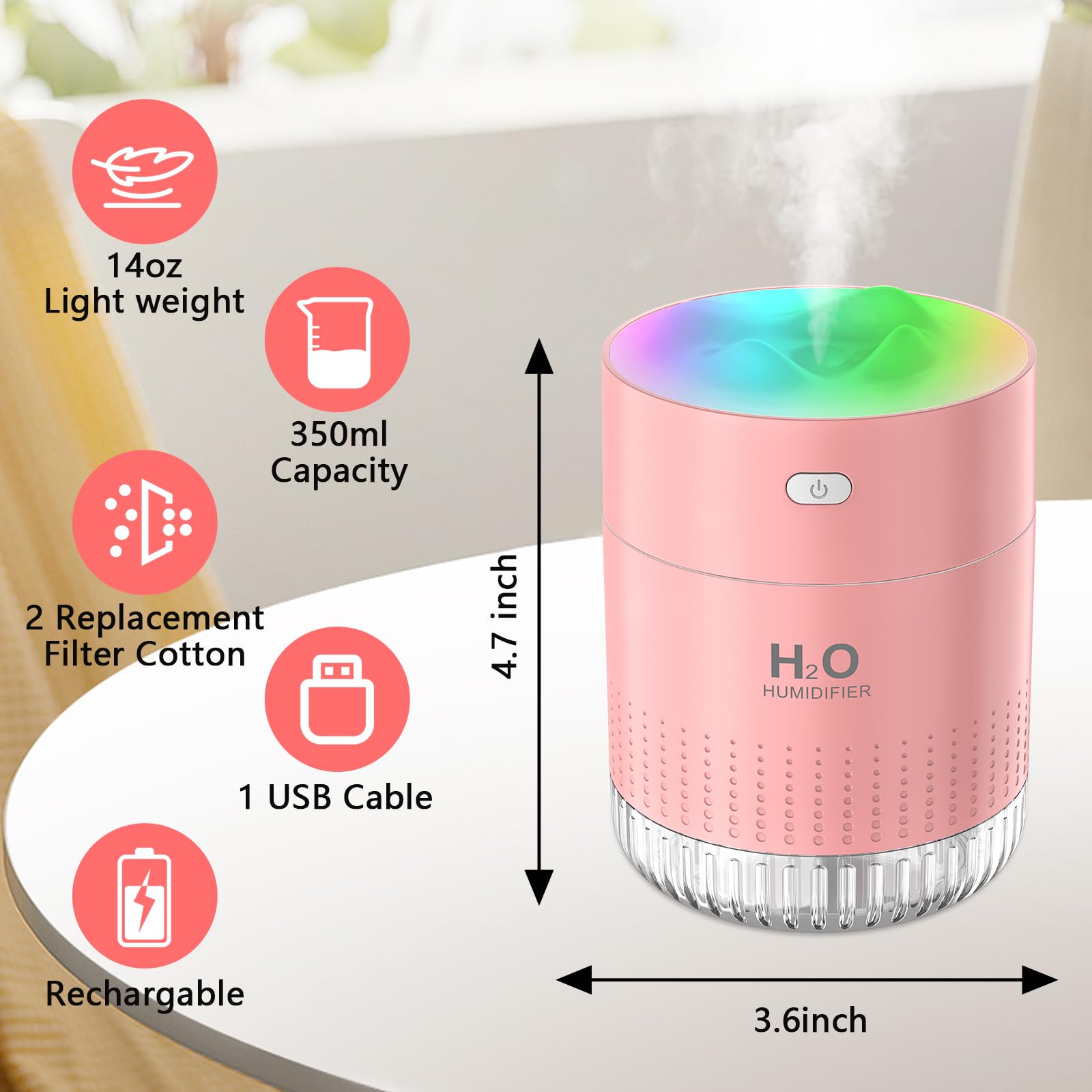 Portable Small Humidifiers for Bedroom Baby, Rechargeable Mini Cool Mist Plant Humidifier for Plants, Quiet Desktop Humidifier with 2 Working Modes & Colorful Night Light for Travel, Office, Bedroom