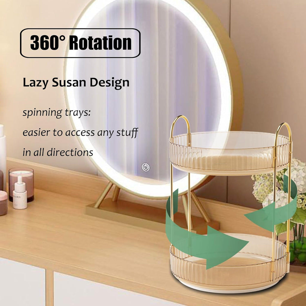 Skiennix Rotating Makeup Organizer - 2-Tier Clear Lazy Susan for Skincare & Perfume Storage | Amber Gold
