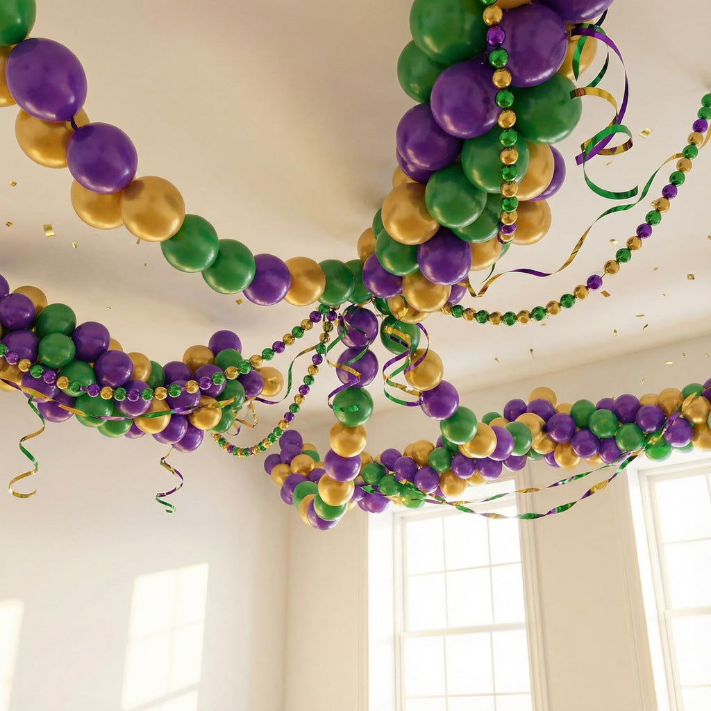 Soulchen 255 Pcs 6 Inch Mardi Gras Linking Balloons Decoration Green Gold Purple Link Balloons Jumbo Mardi Gras Bead Garland Ball Banner for Indoor Outdoor Carnival Birthday Wedding Graduation Decor