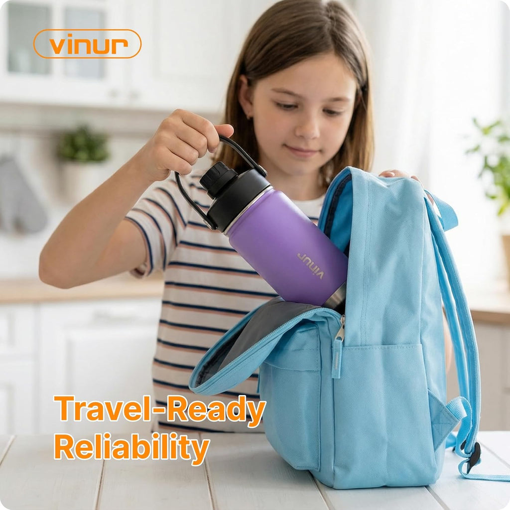 VINUR 12 oz Kids Stainless Steel Water Bottle - Vacuum Insulated, Leakproof Spout Lid, Purple