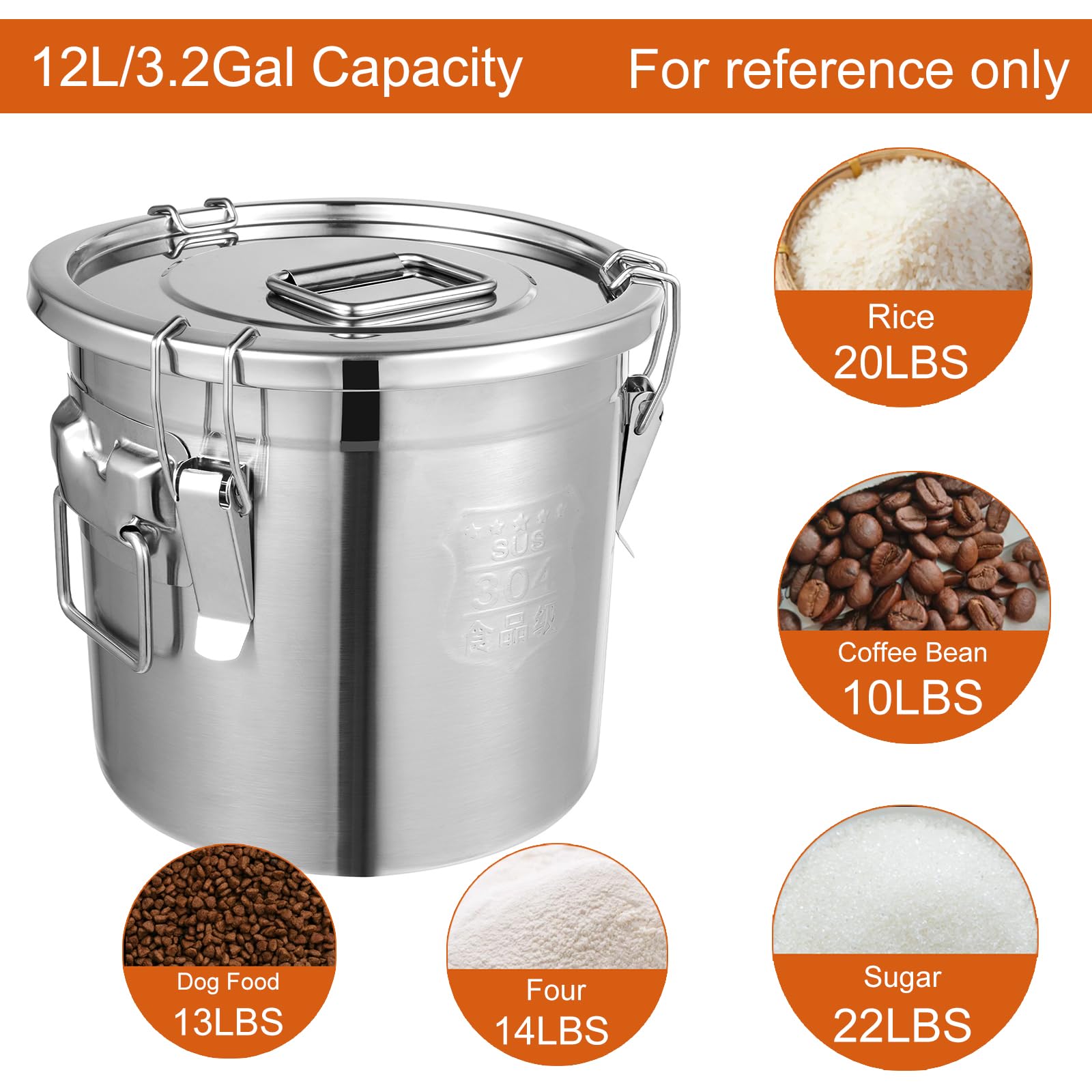 DYNAMI 304 Stainless Steel Airtight Canister for Kitchen, 3.2Gal/405oz Flour Container with Lid and Locking Clamp,10-21Lbs Metal Bucket Food Storage Container for Rice, Flour, Grain, Coffee Bean(12L)