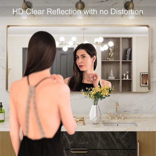 LOAAO Gold Bathroom Mirror - 60”x28” Rounded Rectangle Design | Wall-Mounted, Anti-Rust Tempered Glass