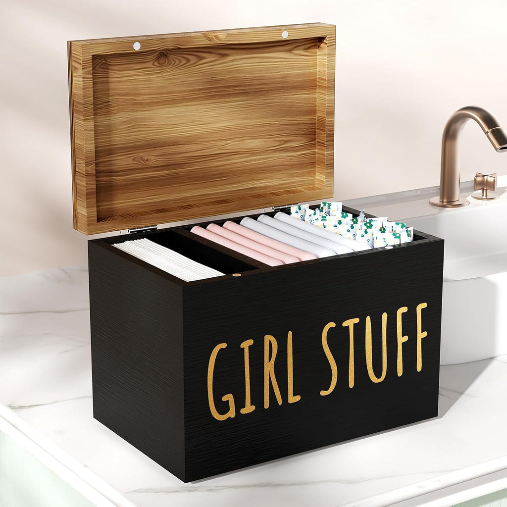 Skiennix Tampon Holder - Stylish Bathroom Organizer with Hinged Lid | Black Feminine Storage Box