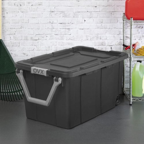 Heavy-Duty 40 Gal Wheeled Storage Bin - Large Plastic Tote with Lid for Garage, Camping & Moving - Black