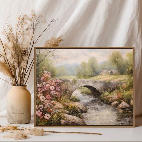 Gardenia Art Framed Wall Art - Country Landscape Canvas Print of Mountain Bridge & River | Spring Scene Decor for Farmhouse Bedroom