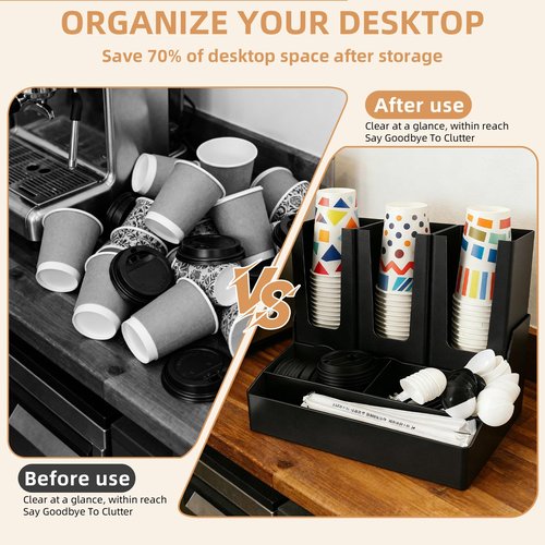 WELKOR Commercial Cup and Lid Holder with Straw Organizer,Disposable Coffee Cup Condiment Dispenser for Countertop Org, Coffee Bar, Beverage Cup, Kitchen, Breakroom (Combination Cup Holder)