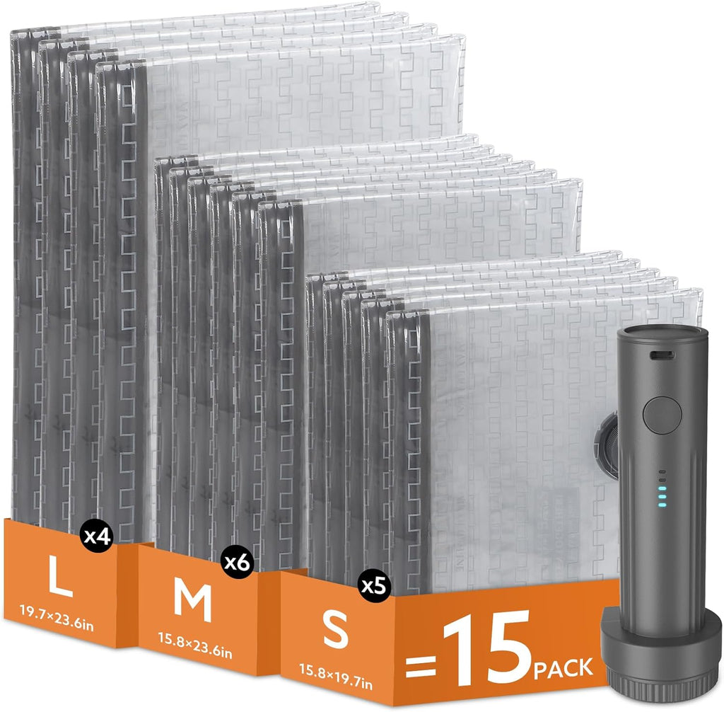 Skiennix Travel Vacuum Bags - Wireless Charging Air Pump Included | 15 Pack in 3 Sizes for Clothing & Luggage Storage