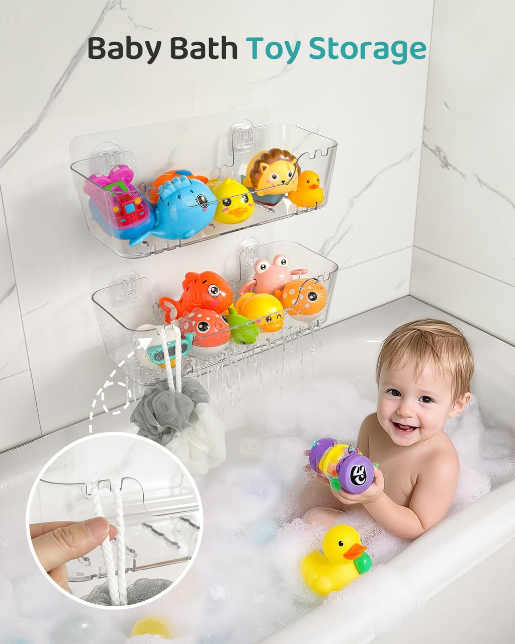 Bath Toy Storage Organizer 2 Pack, Transparent Bath Toy Holder with Drain Holes, Durable Plastic Bathtub Toy Storage for Bathroom, Quick-Dry Drainable Shower Caddy, Easy to Clean and Install