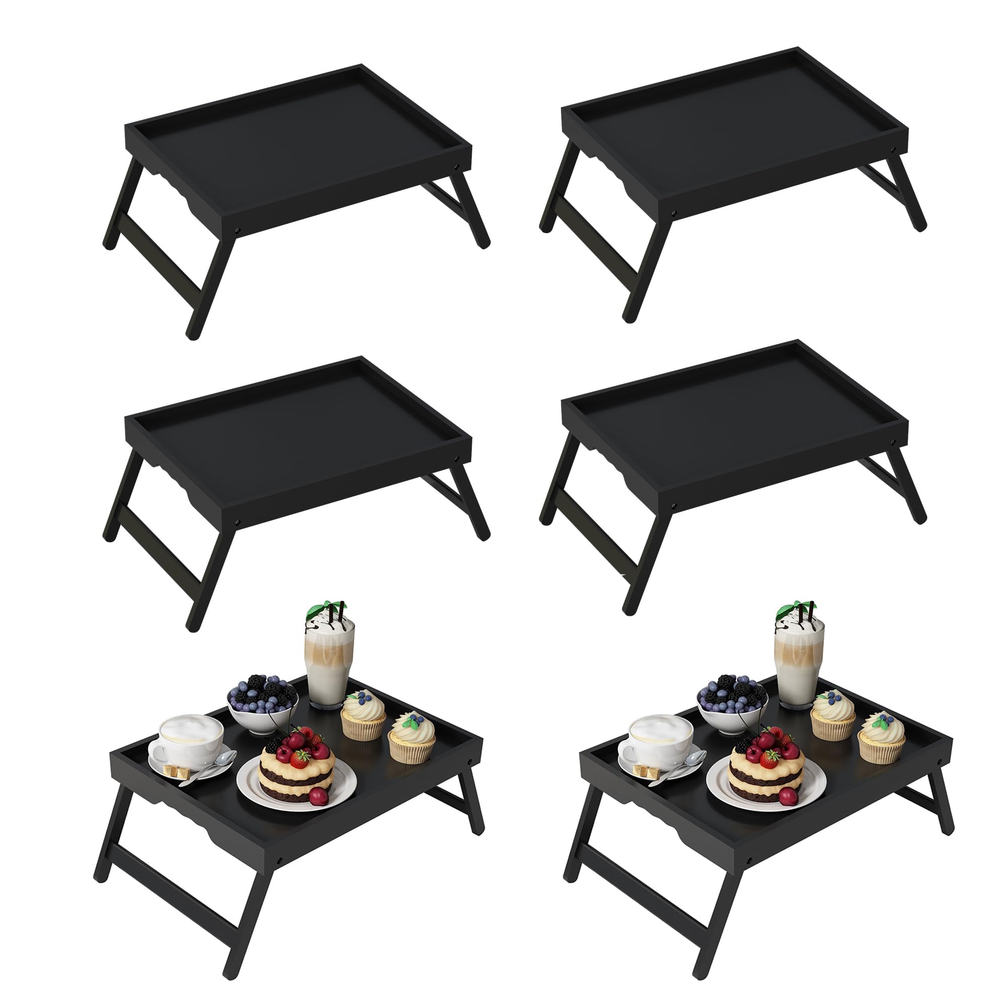 Youpehom Bed Tray Table with Folding Legs, Bamboo Breakfast in Bed for Kitchen Serving Tray, Sofa, Eating, Used As Laptop Desk Snack Tray (6 Pack, Black Color)