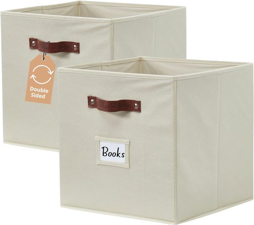 DECOMOMO Storage Bins - Fabric Cube Storage Bins with Labels for Shelves | 10.5" x 11" | Beige (2pcs)