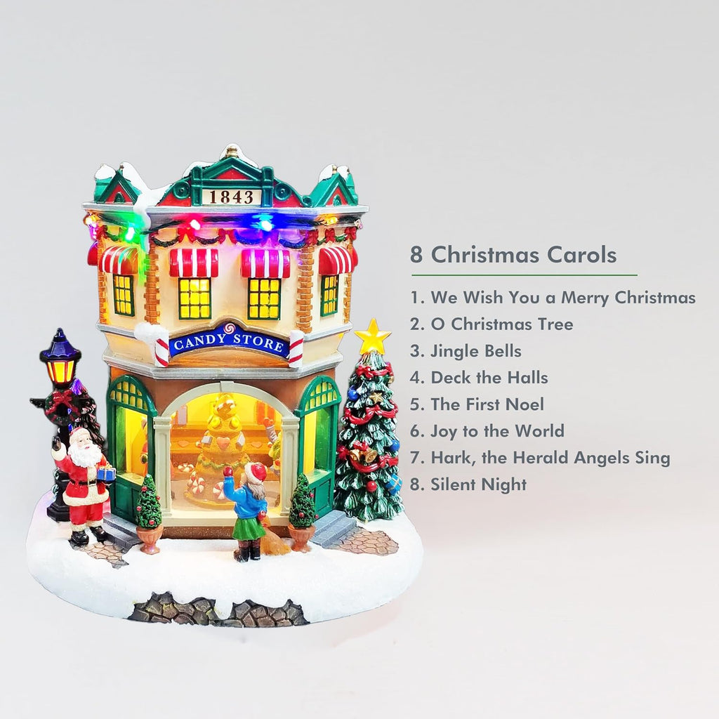 Moments In Time LED Musical Candy Store - 10.3” Light Up Christmas Village Scene | Plays 8 Classic Songs, Battery Operated