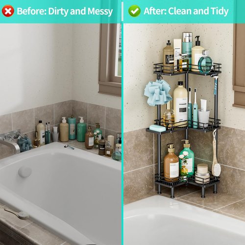 HapiRm Corner Shower Caddy - 3-Tier Rustproof Bathroom Organizer with Soap Holder & 4 Hooks, Black