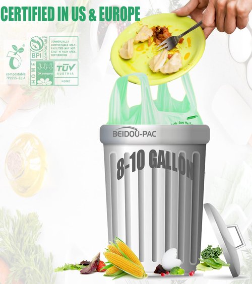 BEIDOU-PAC 8-10 Gallon Compostable Trash Bags, 60 Count - Kitchen & Food Scrap Waste Bags, Sturdy & Biodegradable, ASTM D6400, US BPI Certified
