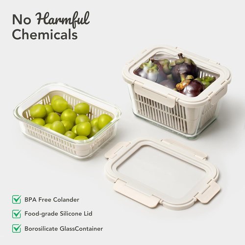 GENICOOK Glass Produce Storage Containers - Airtight 2-Pack with Removable Colanders & Flexible Silicone Lids, BPA-Free