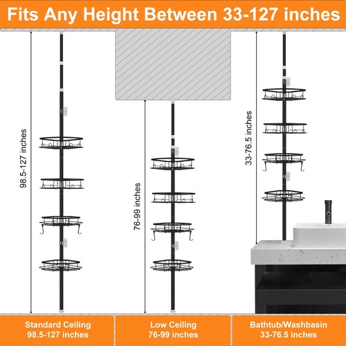 DUFU Corner Shower Caddy Tension Pole, Shower Tension Rod Organizer, 4-Tier Adjustable Floor to Ceiling Shower Caddy 33-127inch, No Drilling Shower Shelf for Inside (Black)
