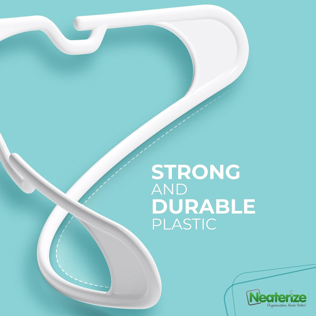 Neaterize Plastic Clothes Hangers - 50 Pack Space-Saving Adult Coat Hangers | White Color