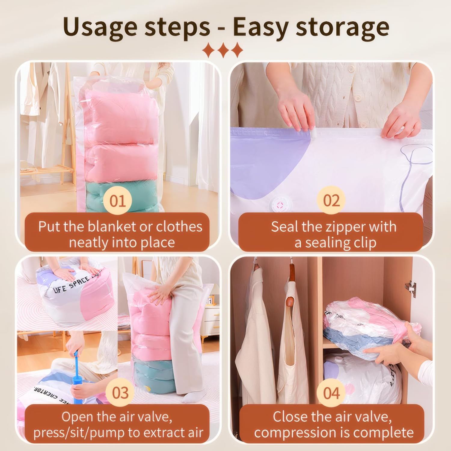 Skiennix Vacuum Storage Bags - 4 Pack Space Saver Bags with Hand Pump for Clothing & Travel