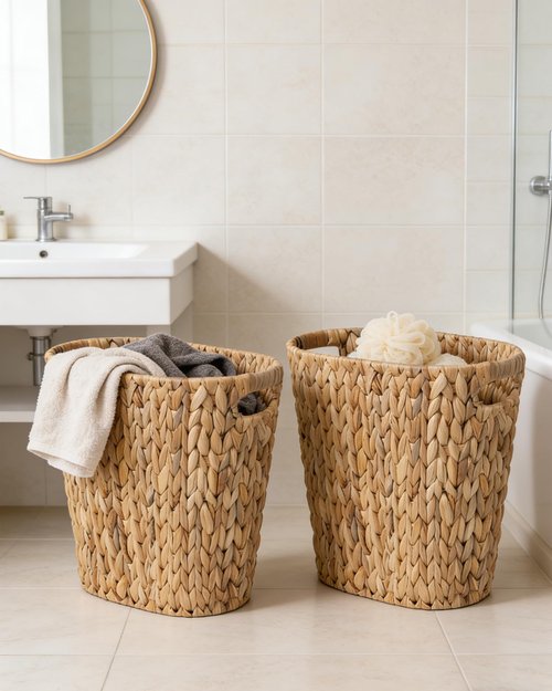 2 Pack Handwoven Water Hyacinth Trash Can - Natural Wicker Waste Basket with Wooden Handles, Slim Oval Design for Bathroom, Bedroom, Office (13"x7.5"x12") | Eco-Friendly & Space-Saving Storage Bin (2)