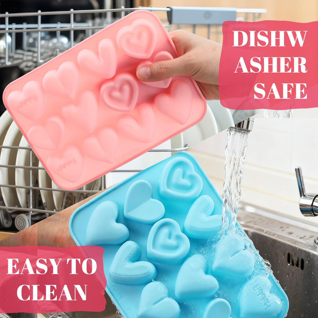 Qinyoung 3 Pcs Heart Shaped Silicone Molds Nonstick Heart Chocolate Muffin Molds for Ice Cube, Candy, Brownies, Jelly, Tartlets, Soaps, Pudding, Dessert Baking Making(Large,12 Holes,Pink,Blue,Green)