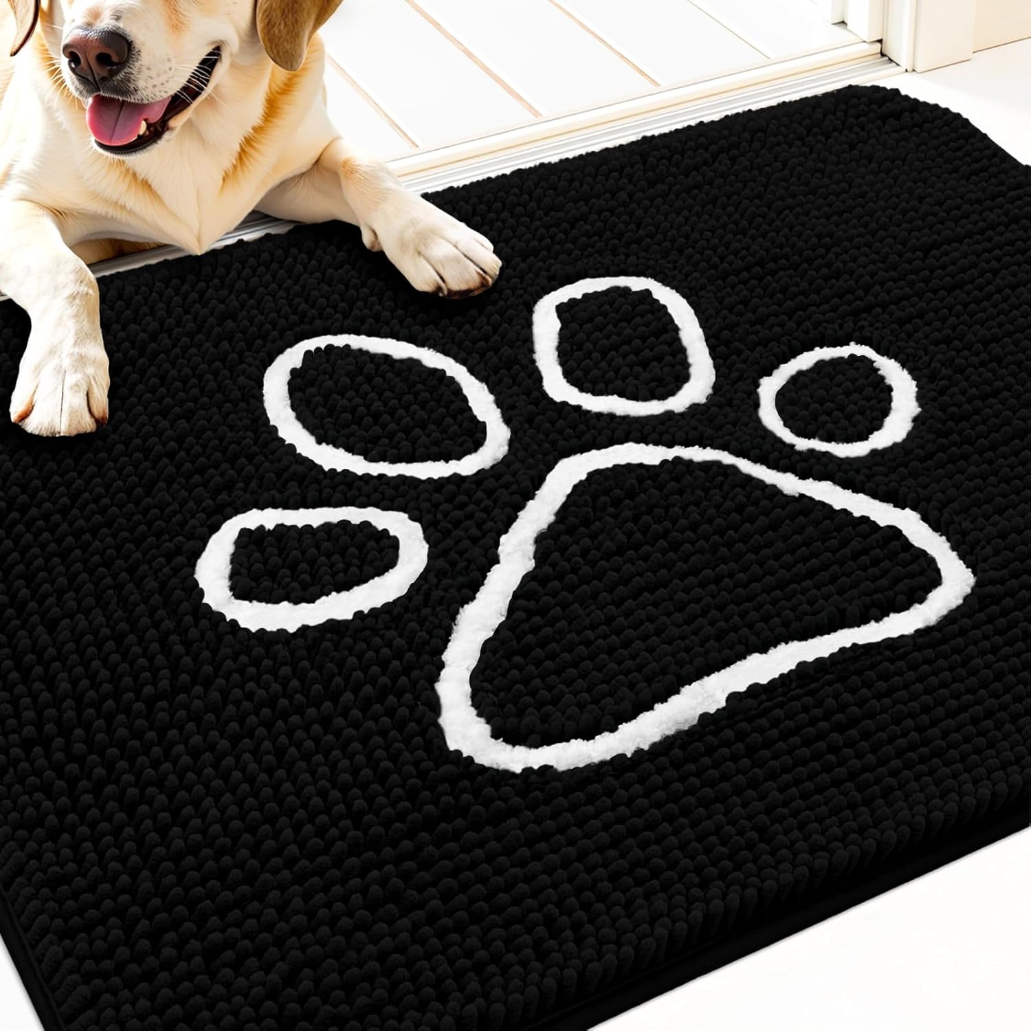 OLANLY Dog Door Mat - Absorbent Non-Slip Mud Mat for Paws | 32x20 Black Chenille Design
