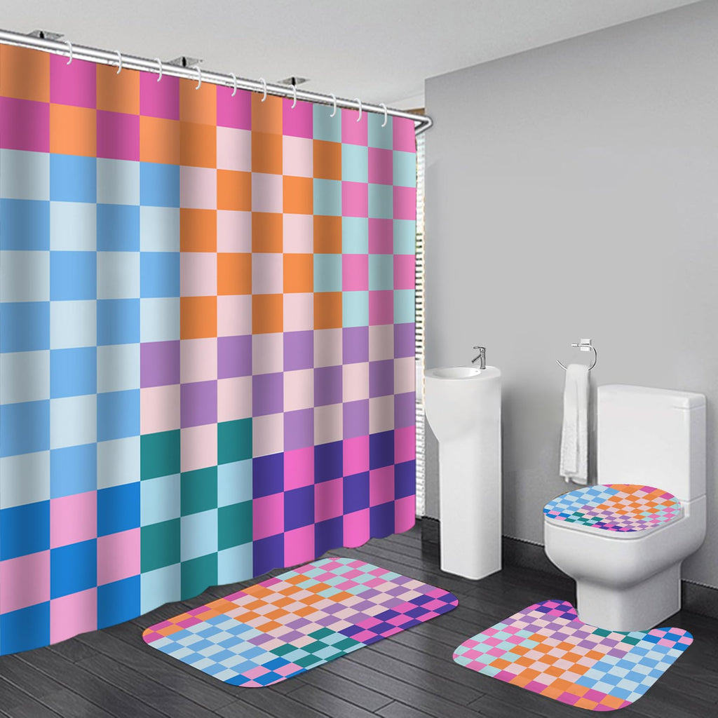 Vostolaiv 4 PCS Checkered Shower Curtain Sets Fun Gingham Bathroom Sets Soft Non Slip Bath Rugs Toilet Cover U-Shaped Mat Retro Bright Waterproof Shower Curtains with 12 Hooks for Tub Toilet, Colorful