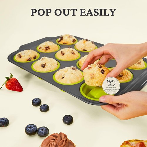 BRONYPRO Silicone Muffin Pans - Nonstick Baking Molds with Metal Frame | 12 Regular Size, Lime Green