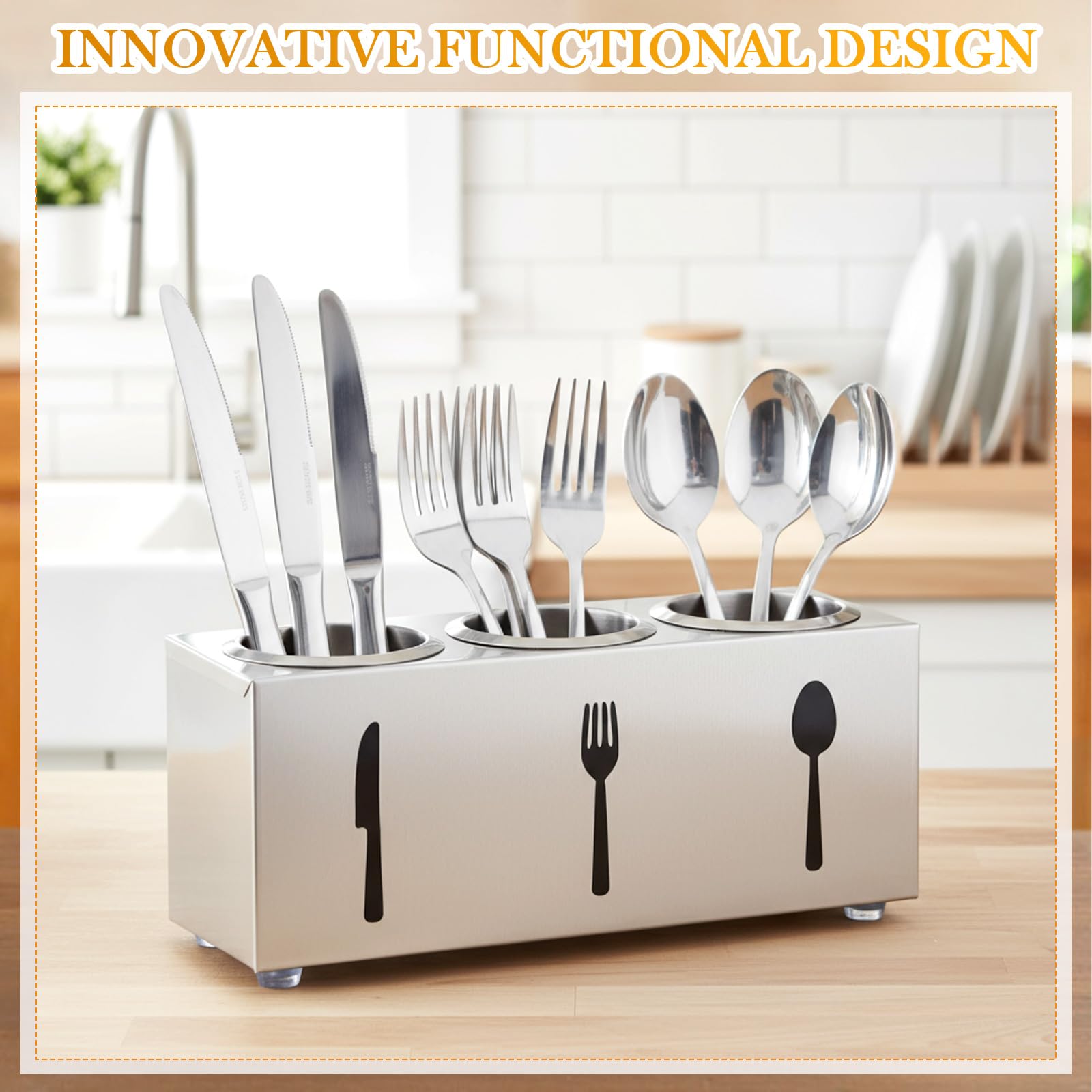 Otoolling Stainless Steel Cylinder Flatware Silverware Utensil Holder Organizer Spoon and Fork Storage Kitchen Tableware Storage for Cabinet Indoor Home Flatware Dining Room, 3 Perforated Cylinders