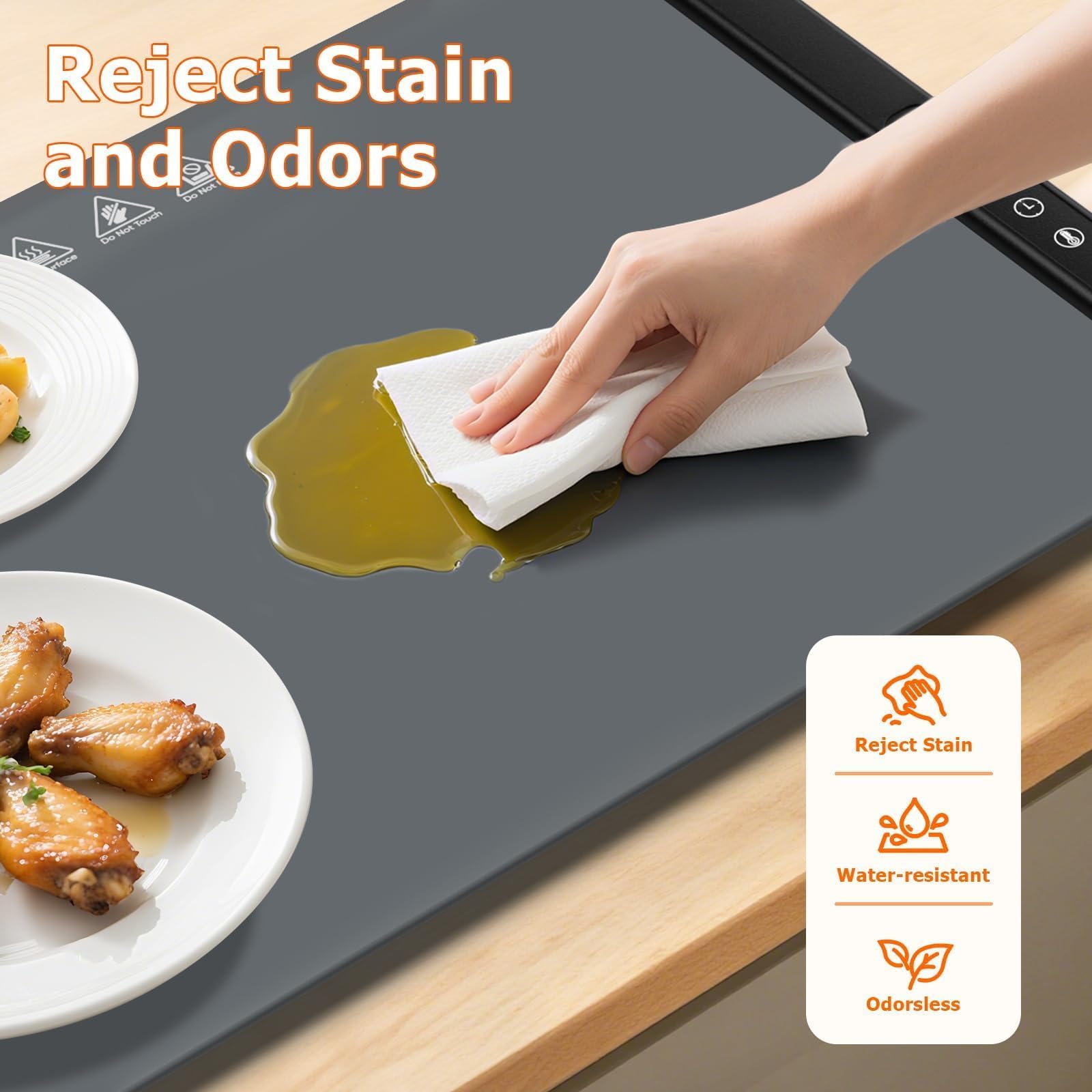 MealHelper Warming Mat for Food, Portable Food Warming Mat For Countertop, Full Surface Electric Warming Tray with Safety Lock, 4 Temp Levels & 6-Hour Timer for for Parties, Buffets & Home Use (Grey)
