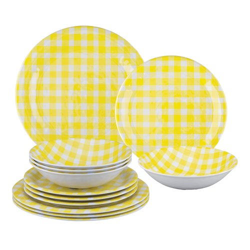 UPware 12 Piece Gingham Melamine Dinnerware Sets, Outdoor Dishes Set, Plates and Bowls Sets, Service for 4, Yellow