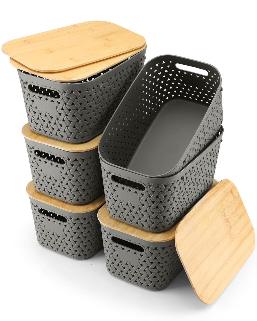 NEATJELAI Plastic Storage Bins with Bamboo Lids 6 Packs,Storage Baskets Pantry Decorative Containers for Organizing Desktop Closet Playroom Classroom Office,Gray,11.6*7.2*5.7'’