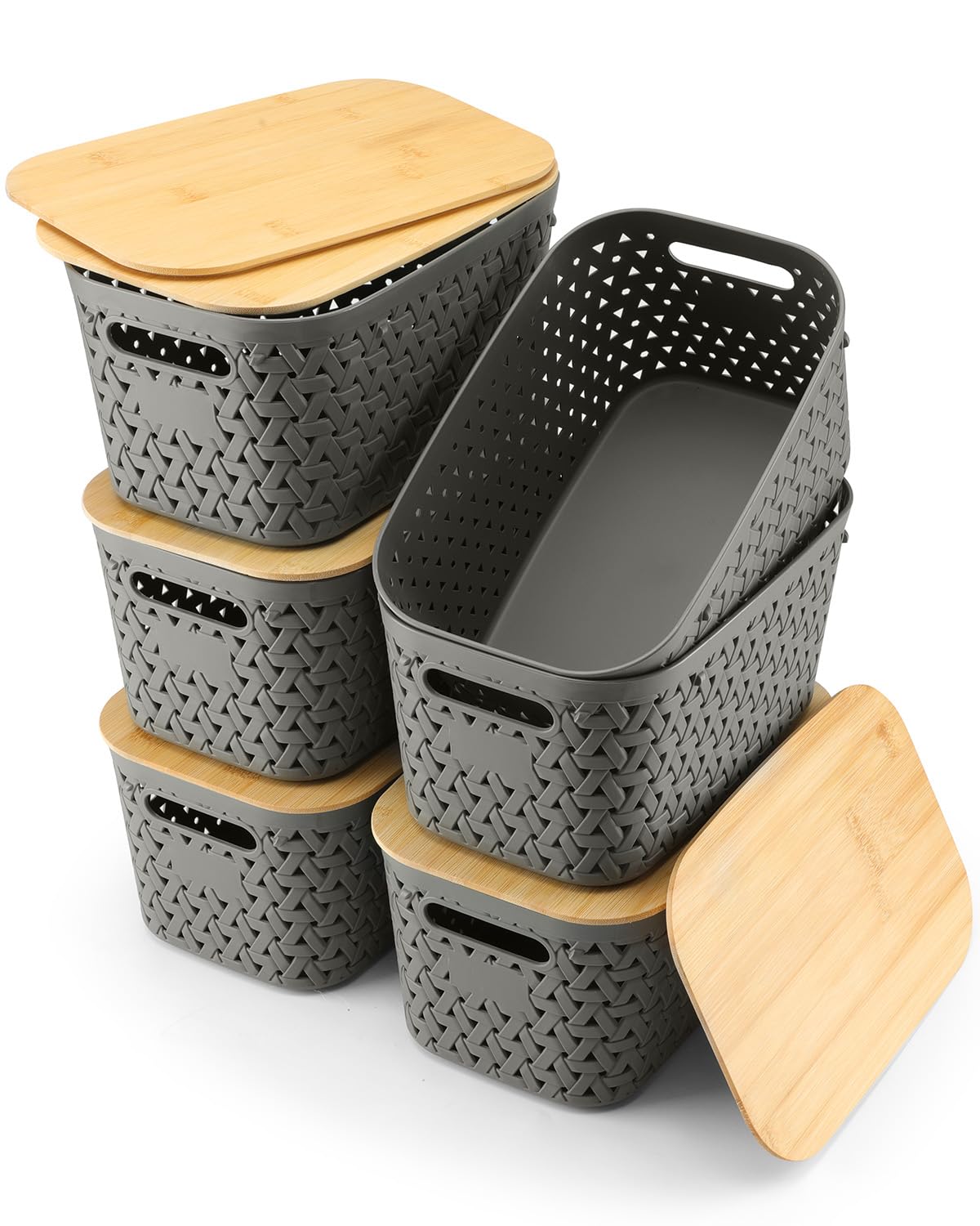 NEATJELAI Plastic Storage Bins with Bamboo Lids 6 Packs,Storage Baskets Pantry Decorative Containers for Organizing Desktop Closet Playroom Classroom Office,Gray,11.6*7.2*5.7'’