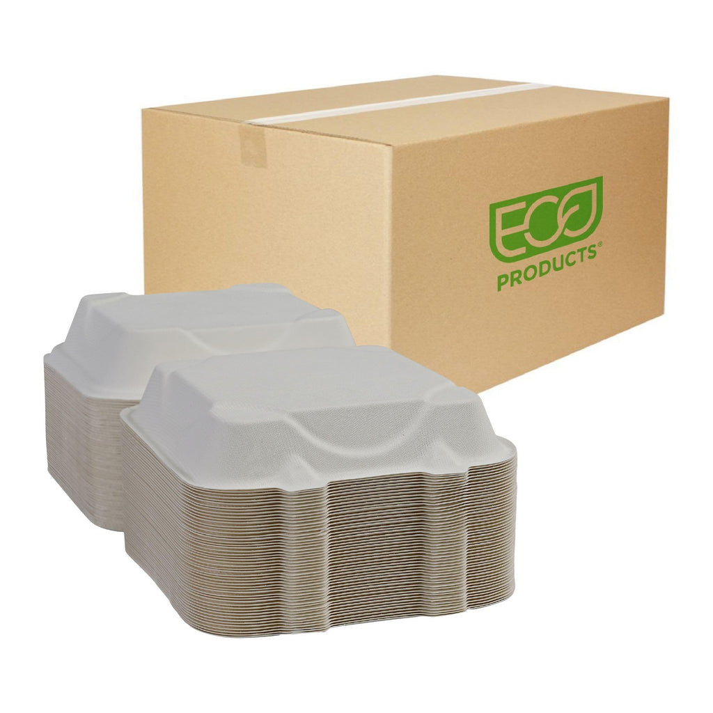 ECO PRODUCTS Compostable 8" Clamshell To Go Containers, Case of 200, Square Take Out Food Box, White Renewable Molded Fiber, Microwaveable & Freezable, Grease & Cut Resistant, ASTM Compliant