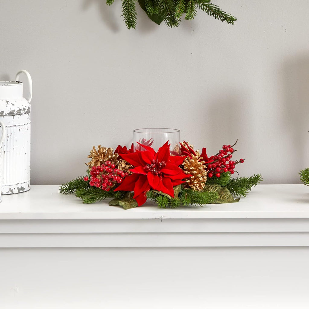 Nearly Natural Poinsettia Candelabrum - Red Berry & Golden Pine Cone Silk Arrangement | 14" H x 14" W