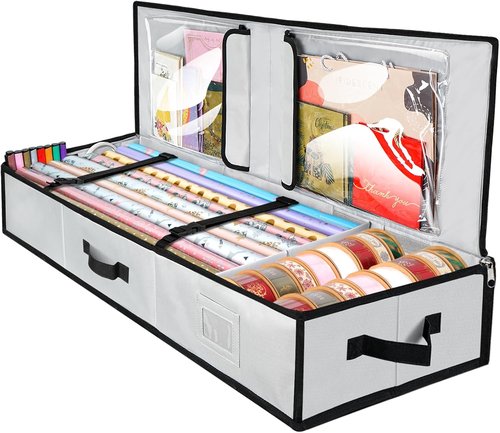 BALEINE Gift Wrap Storage Bag - 40" Durable 600D Oxford Fabric Organizer with Flexible Partitions - Gray