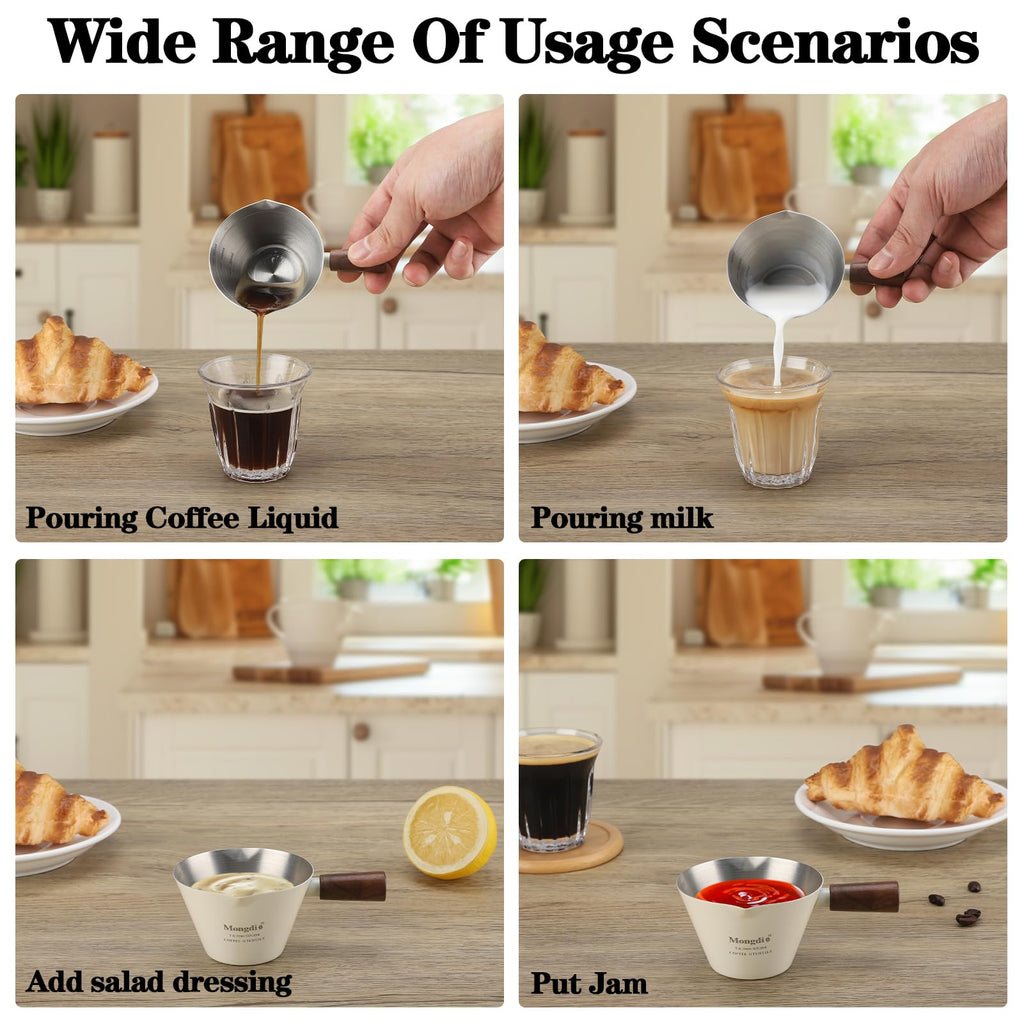 Mongdio Espresso Measuring Cup, Stainless Steel Espresso Shot Cups with Wooden Handle and Double Spouts, 3.4OZ/100ML, White