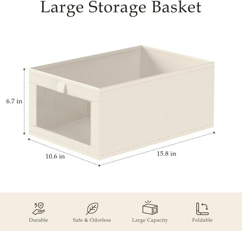 Criusia Closet Organizers - 4 Pack Linen Storage Baskets with Mesh Window | Foldable for Clothing, Toys, Beige