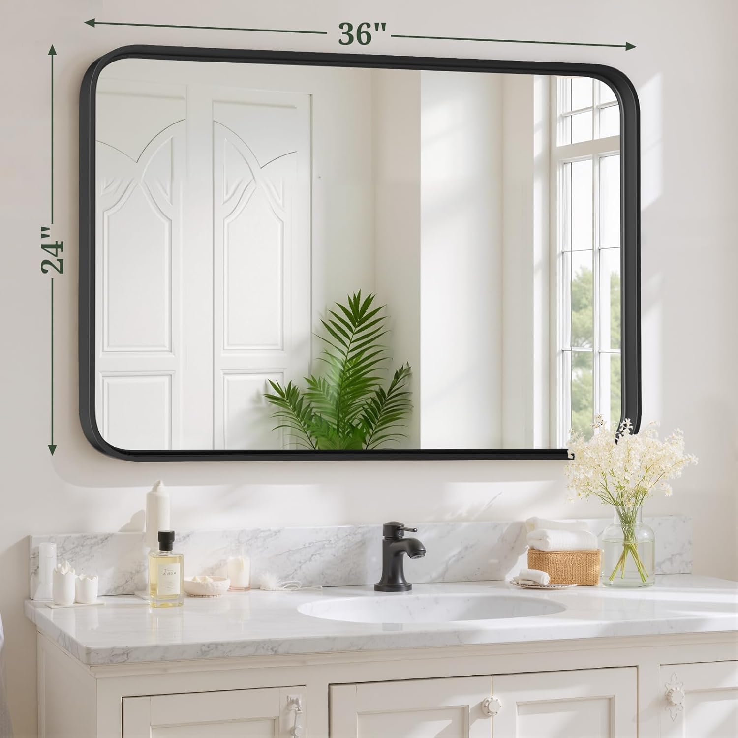 Regine Switzerland Bathroom Mirror - 36x24 Inch Black Metal Frame | Modern Anti-Rust Vanity Mirror
