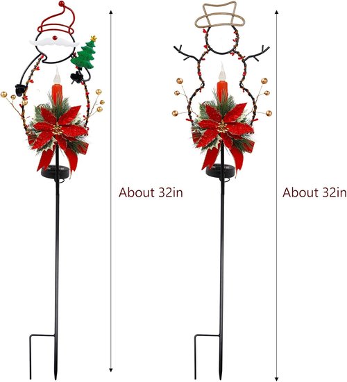 FORUP Solar Christmas Yard Decorations - LED Solar Powered Candle Pathway Lights | Set of 2 Snowman & Santa Ornaments