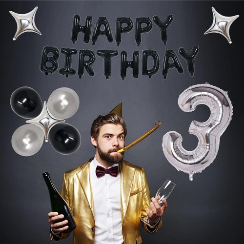 30th Birthday Party Decorations | Black & Silver Theme with Banner, Balloons & Foil Stars