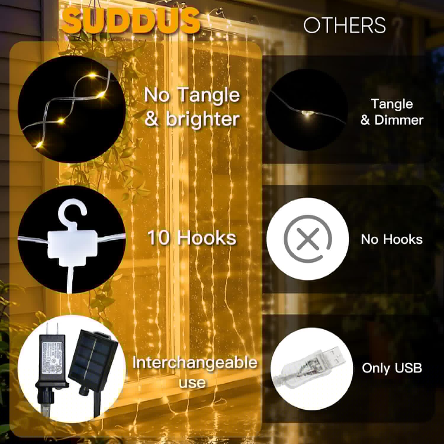 Suddus Solar Curtain Lights - 200 LED Tangle-Free Waterproof Hanging Lights for Christmas & Events | Warm White